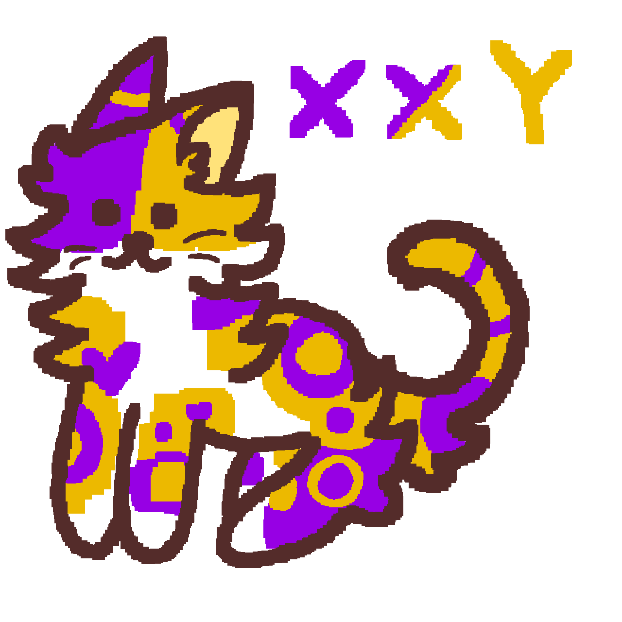 a calico cat; it has white fur along with purple and yellow spots. On some patches of yellow fur are purple rings, resembling the intersex flag. on the top left corneris a purple x, a purple and yellow x, and a yellow y